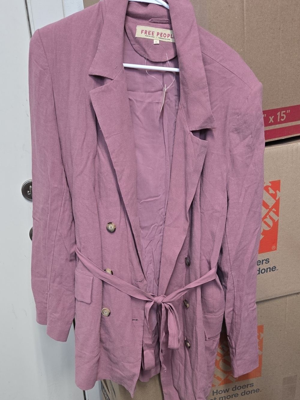 Free People Dusty Mauve Belted Double-Breasted Blazer